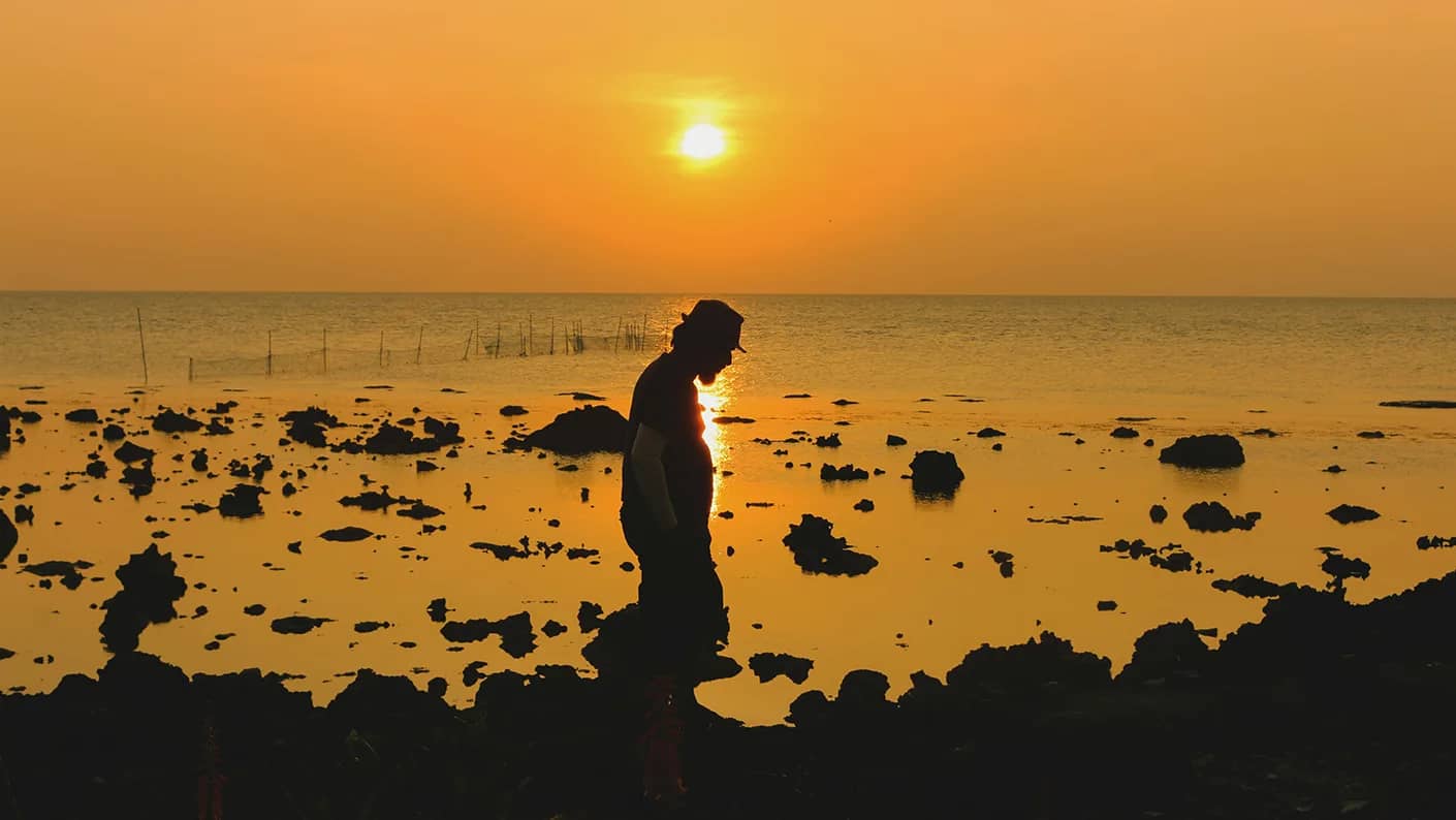 Silhouette of man walking by the sea in dusk